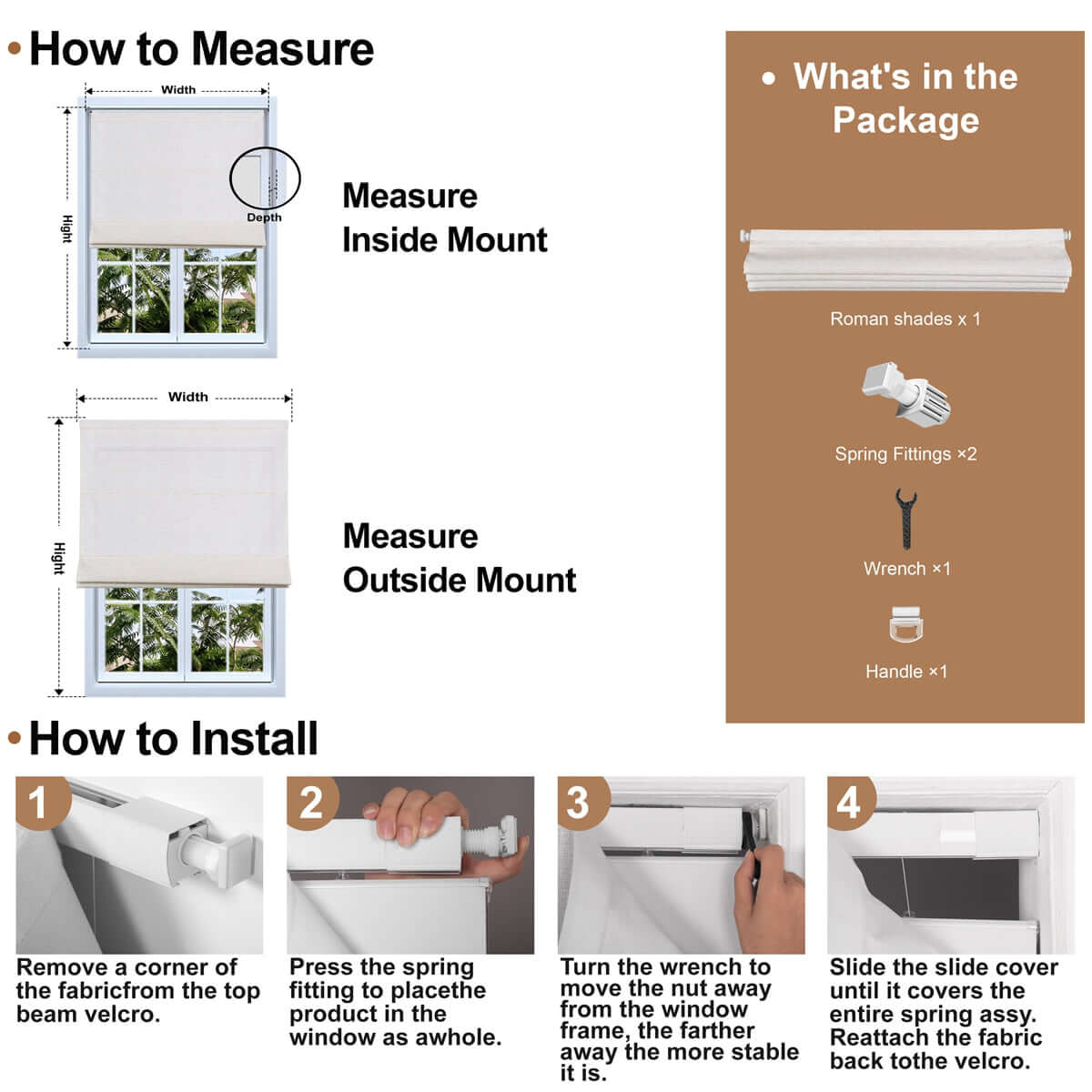 Berissa No Tool Oatmeal Linen Textured Roman Shades: Installation & Hardware Diagram