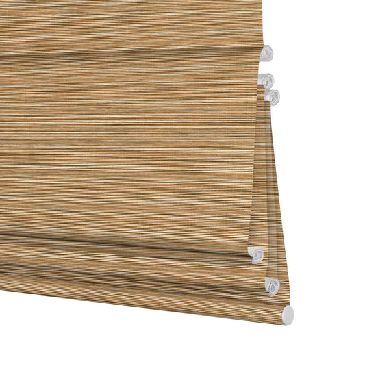 Berissa Light Filtering Horizontal Log Cordless Roman Shades in natural wood texture, providing elegant window treatments.