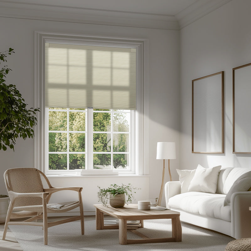 Elegant living room showcasing Berissa Classic No Drill Blackout Honeycomb Cellular Shades in a sunny window.