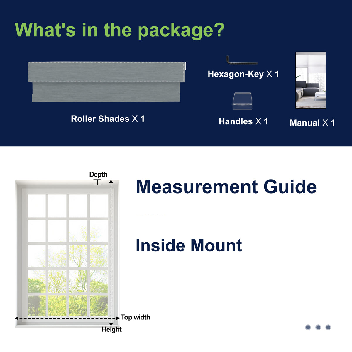 Berissa Classic No Drill Perfect Fit Without Light Leakage Cordless Roller Shades package contents and measurement guide.