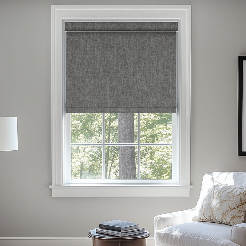 Berissa Thermal Blackout Linen Texture Roller Blinds in a modern living room window.
