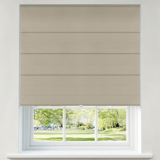 Berissa Custom No Drill Soft Blackout Roman Shade Cordless in a light beige color covering a window.