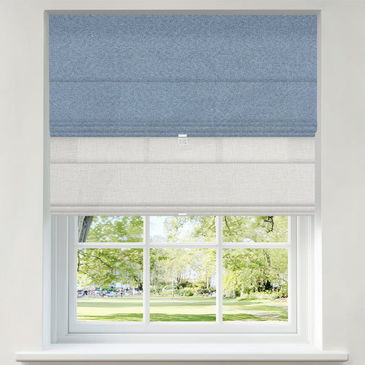 Berissa Cordless Double Shades Blackout and Light Filtering Day Night Roman Blinds in blue and cream colors.
