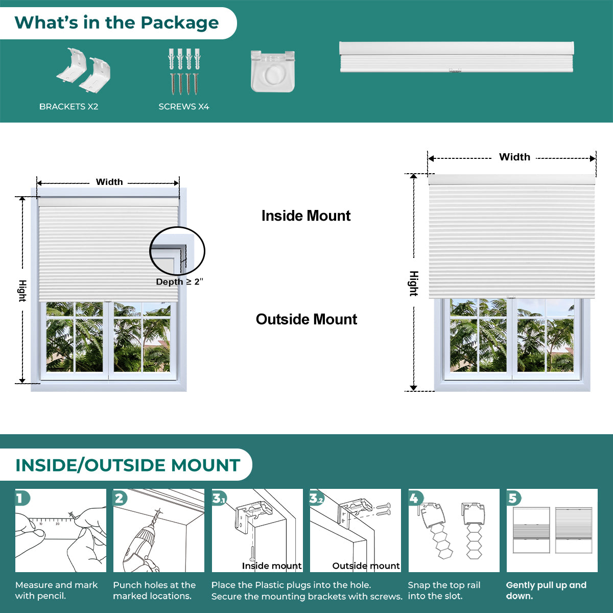 Berissa 1.5 Inch Heat Insulated Cellular Blinds installation guide showing inside and outside mount options.