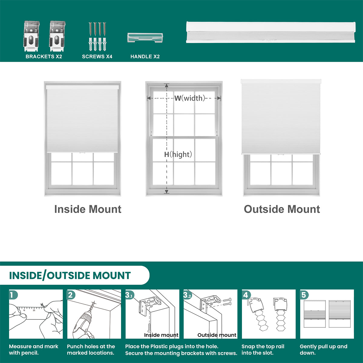 Installation guide for Berissa Cordless Extra Wide Blackout Honeycomb Cellular Shades showing inside and outside mount options.