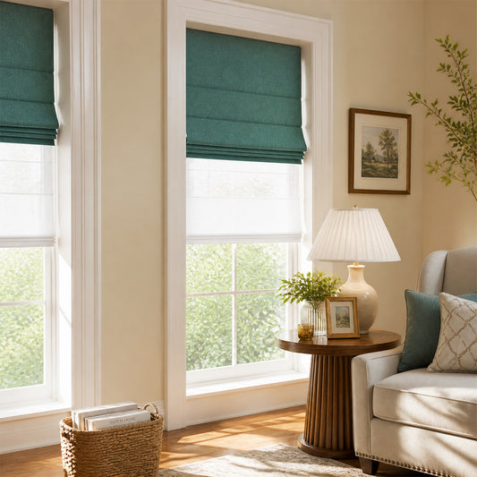 Berissa Vintage Blackout Green No Drill Double Shades Roman Shades