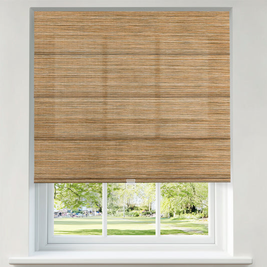 Berissa Light Filtering Horizontal Log Cordless Roman Shades installed in a window, showcasing a natural wood texture.