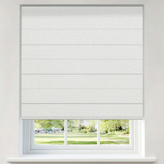 Berissa Pure Soft Waffle Texture Blackout Roman Shade Cordless Child Safe displayed in a bright room overlooking a park.