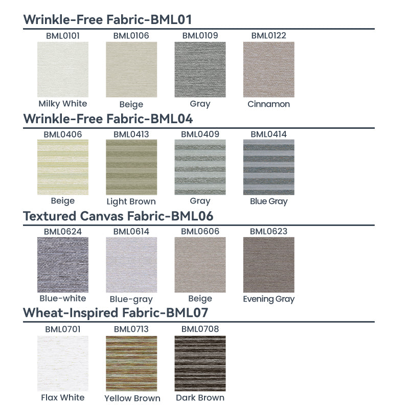 Swatch sheet of Berissa Day Night Zebra Duo Roller Blind fabrics including colors like Milky White, Beige, Gray, and more.