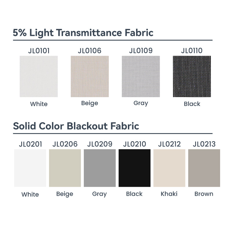 Berissa Easy Install Cordless Spring Roller Blinds fabric options including light transmittance and blackout colors.