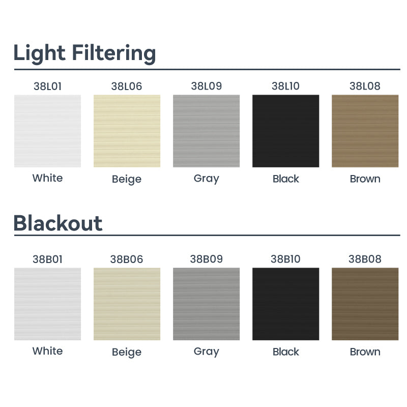 Color options for Berissa Classic No Drill Blackout Honeycomb Cellular Shades: light filtering and blackout fabrics.