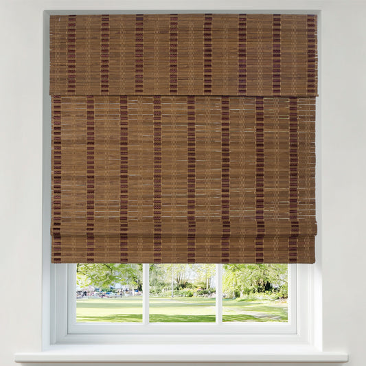 Berissa Minimalist Natural Contemporary Eco Chic Premium Bamboo Shades displayed in a window with a view.
