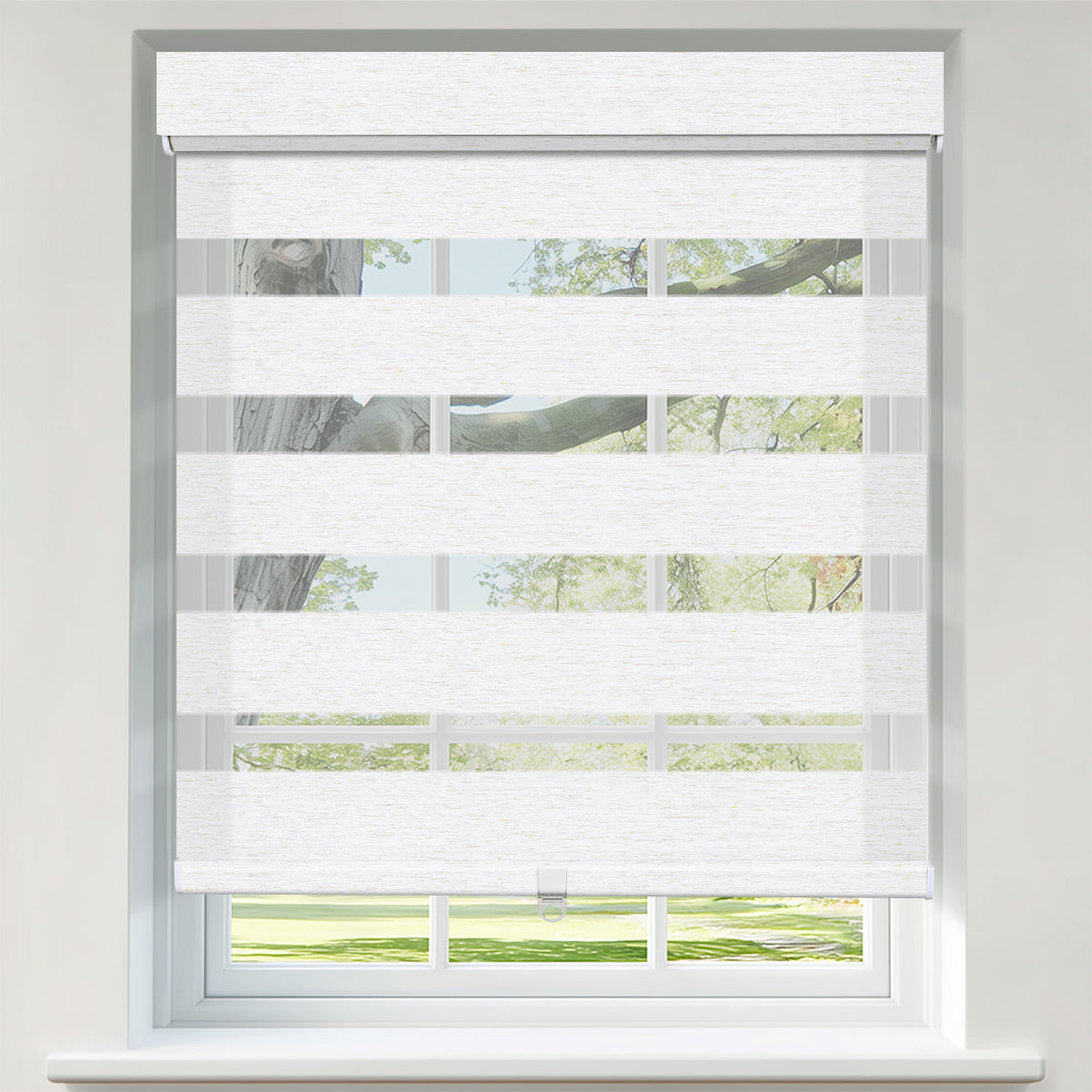 Berissa Day Night Zebra Duo Roller Blind installed in a window, showcasing stylish dual-layer sheer and opaque stripes.