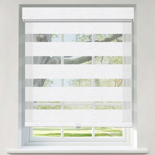 Berissa Day Night Zebra Duo Roller Blind installed in a window, showcasing stylish dual-layer sheer and opaque stripes.