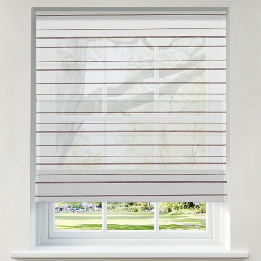 Berissa Canvas with Walnut Stripes Roman Shades elevating a window with modern elegance and natural warmth.