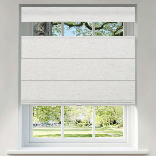 Berissa Classic Obscura Linen Blackout Linen No Drill Roman Shades displayed in a bright window setting.