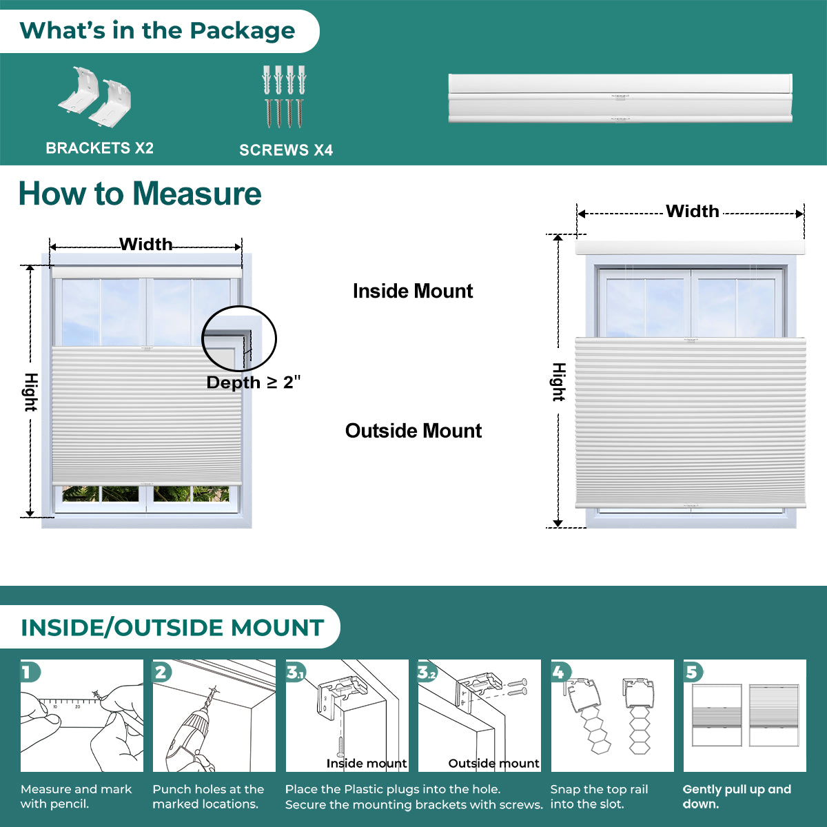 Instructions and components for Berissa 1.5 Inch Heat Insulated Top Down Bottom Up Cellular Blinds installation and measurement.