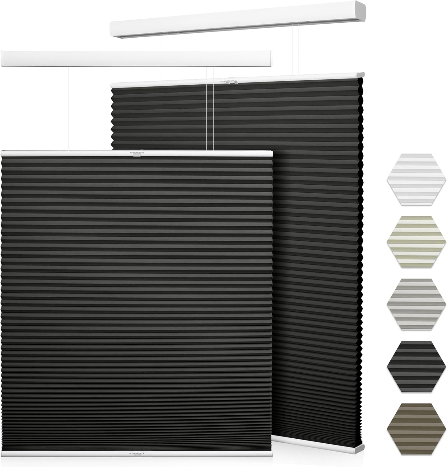 Berissa 1.5 Inch Heat Insulated Top Down Bottom Up Cellular Blinds in black with color swatches displayed.