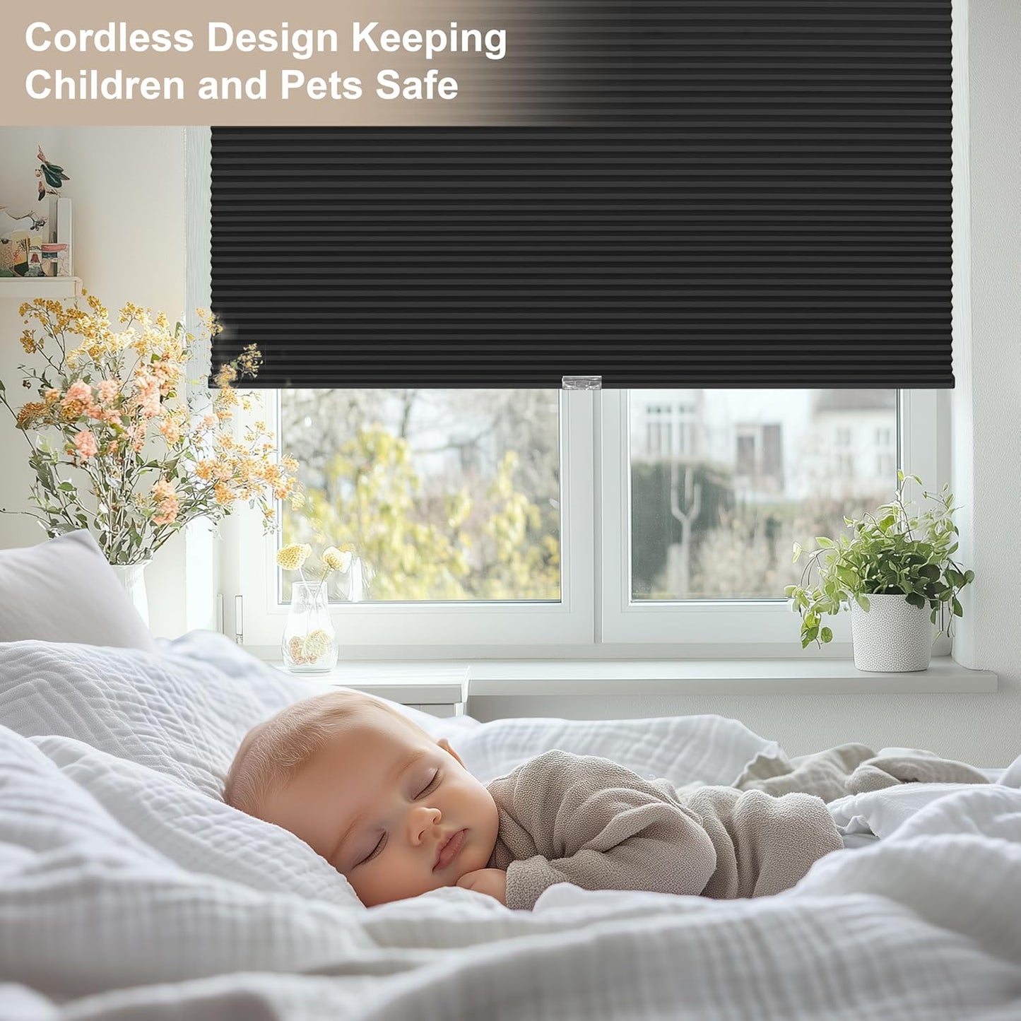 Berissa Pull Down Cellular Shades Children and Pets Safe featuring cordless design in a bright room.