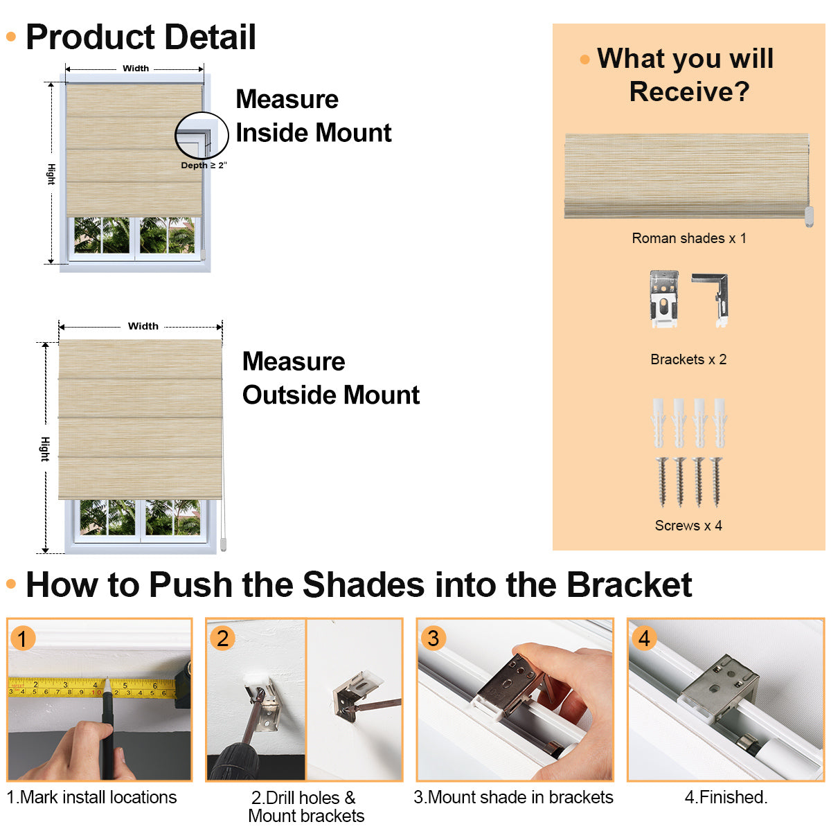 Product detail and installation guide for Berissa Corded Natural Warmth Subtle Stripes Beige Harmony Roman Blind.