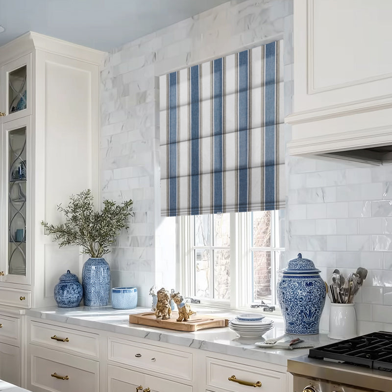 Berissa Square Series Extra Wide Roman Shade Cordless Child Safe in a bright kitchen with white tiles and blue decor