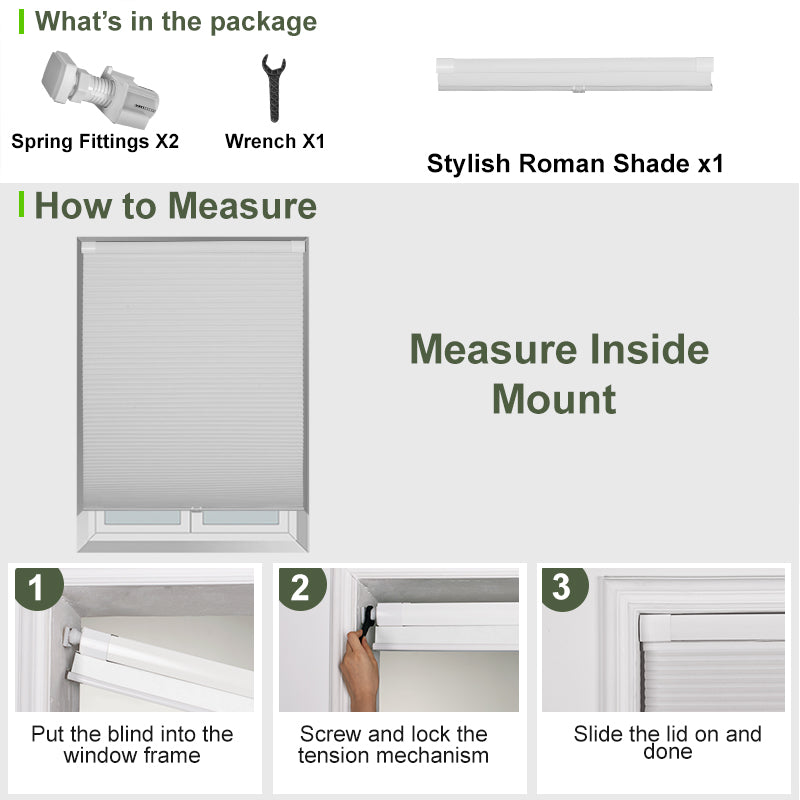 Berissa Classic No Drill Blackout Honeycomb Cellular Shades installation guide with package contents and measuring steps.
