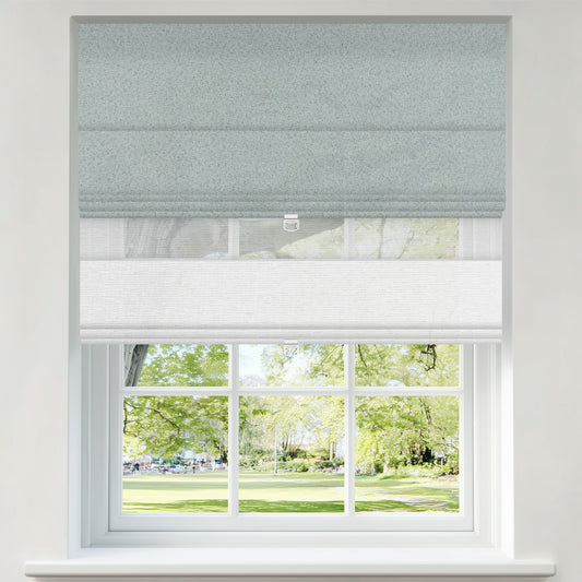 Beeissa Cordless Double Shades Blackout and Semi View White Day Night Roman Shades in a window view.
