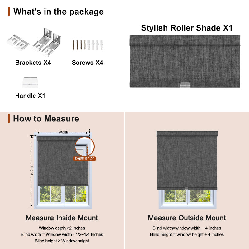 Berissa Classic Linen Blend Cordless Roller Shades package contents and measuring guide.