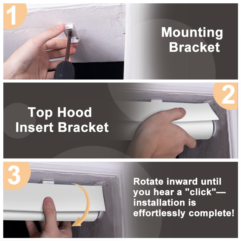 Installation steps for Berissa Classic Sunscreen Roller Blind 5% & 10% Openness with mounting bracket guide.