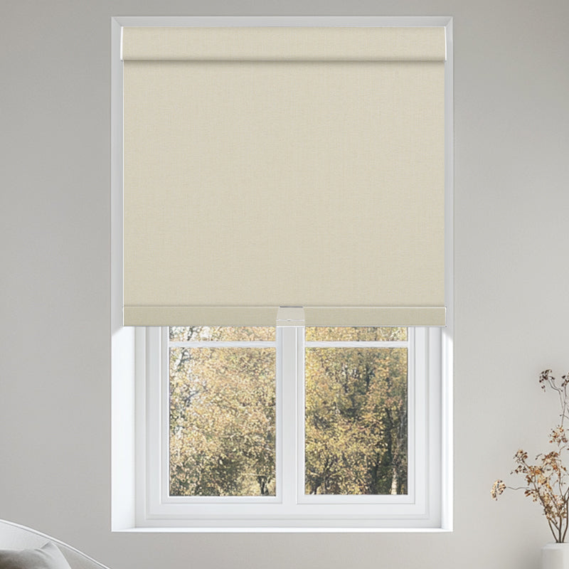 Berissa Classic Linen Blend Cordless Roller Shades displayed in a modern window setting.
