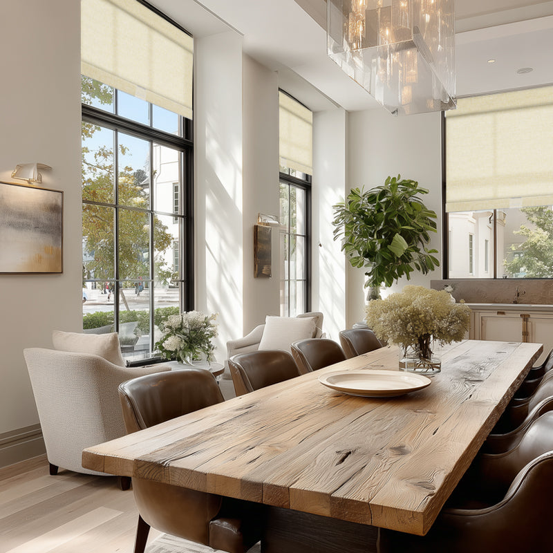 Elegant dining area featuring Berissa Classic Linen Blend Cordless Roller Shades on large windows.