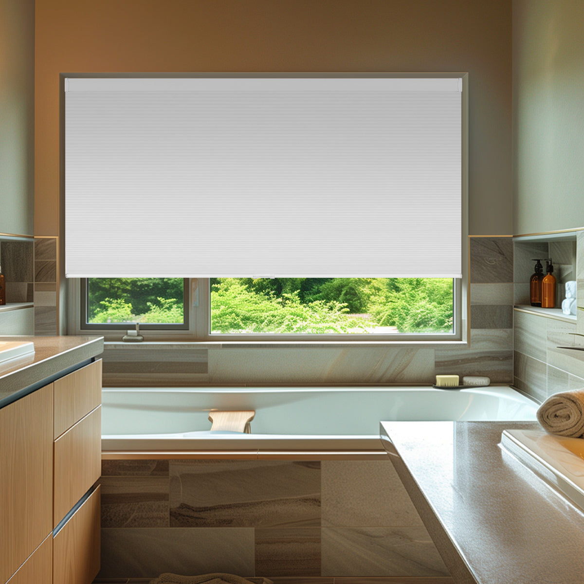 Berissa Cordless Extra Wide Blackout Honeycomb Cellular Shades installed in a modern bathroom window.