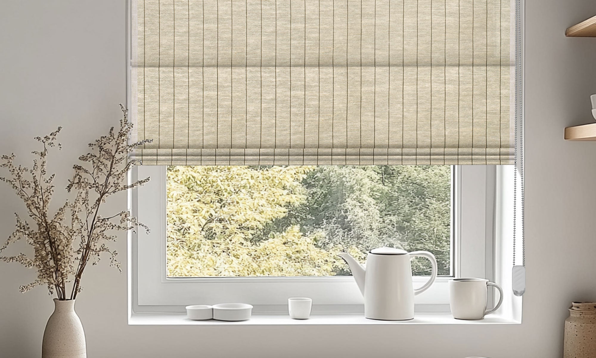 Natural woven shades installed on a high window in a modern living space, perfect for taming natural sunlight.