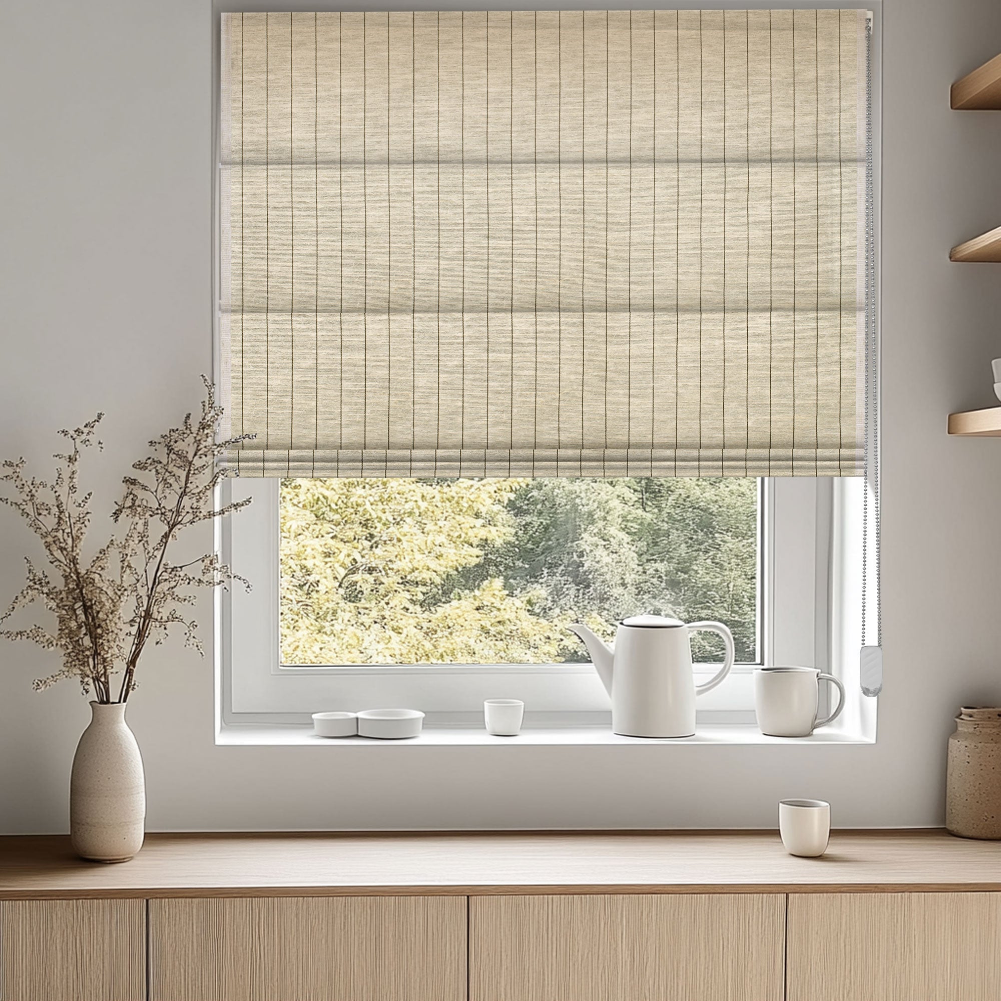 Natural woven shades installed on a high window in a modern living space, perfect for taming natural sunlight.