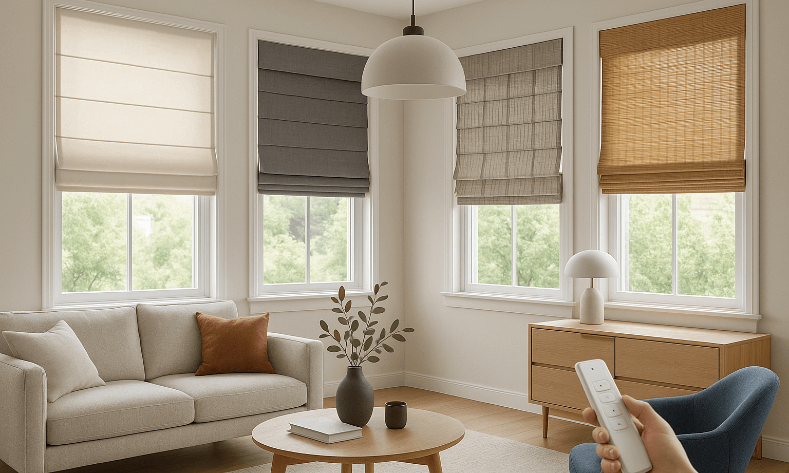 Modern Roman shades in contemporary interior design showcasing 2025 window treatment trends and home decor styles
