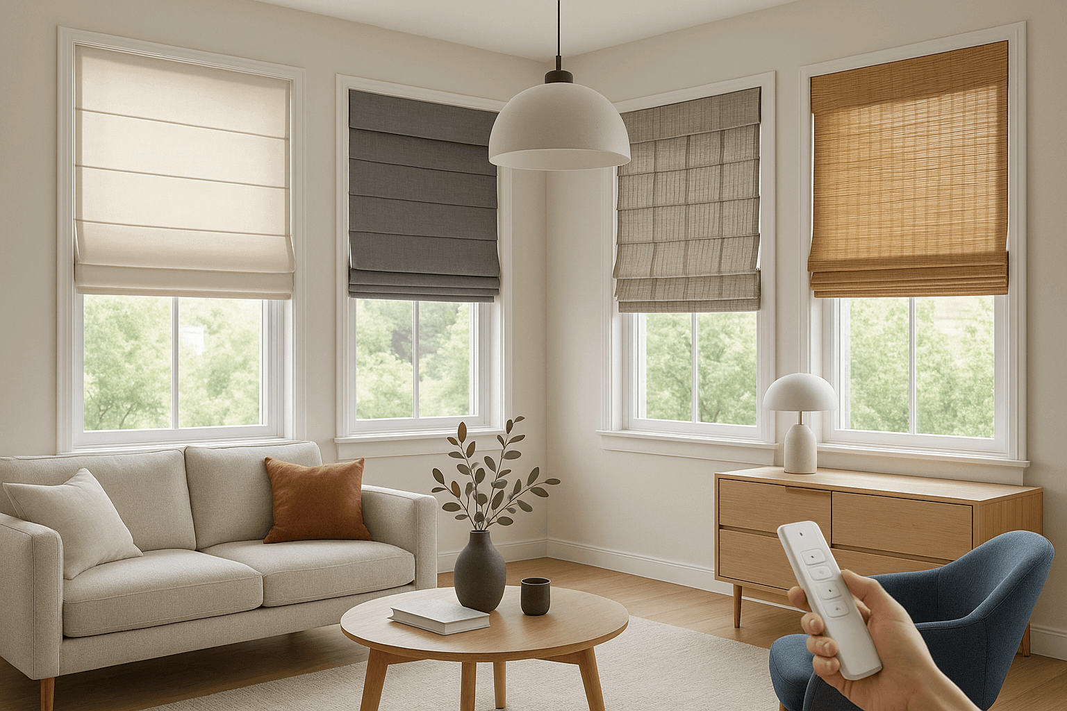 Modern Roman shades in contemporary interior design showcasing 2025 window treatment trends and home decor styles