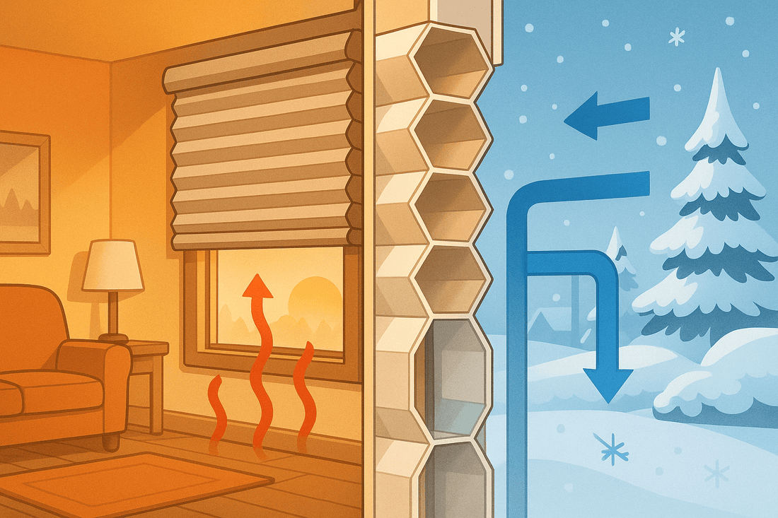 Honeycomb cellular shades cross-section showing insulation properties and air pockets for energy efficiency in window treatments