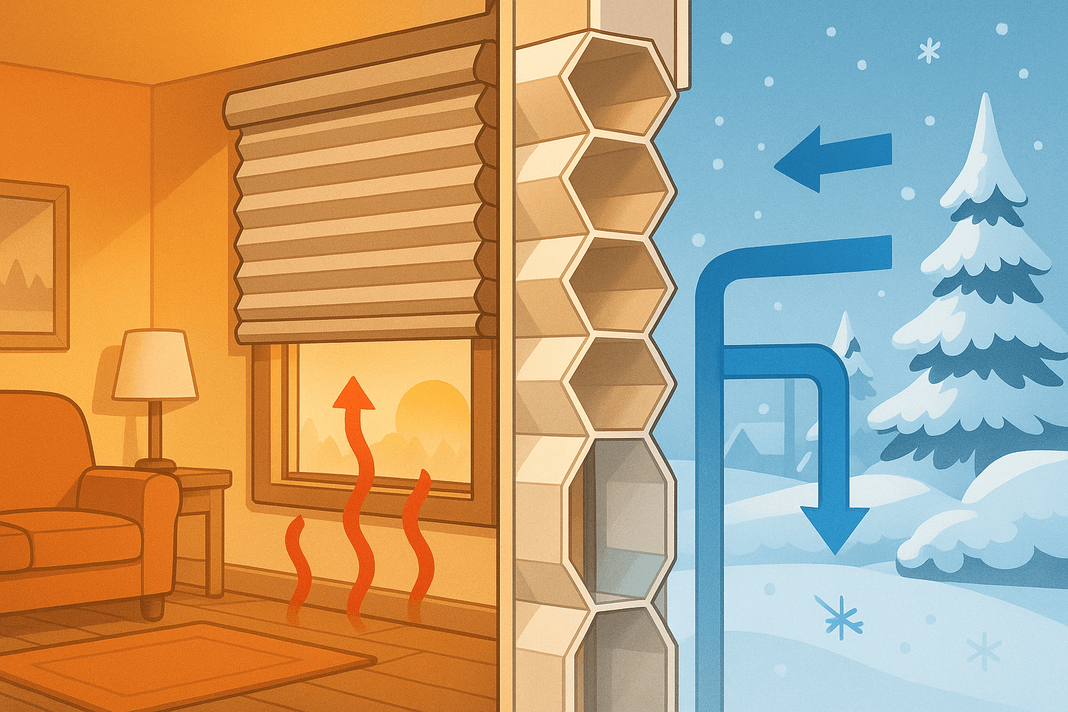 Honeycomb cellular shades cross-section showing insulation properties and air pockets for energy efficiency in window treatments