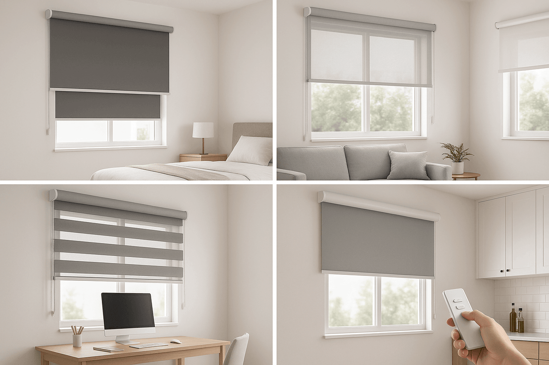 Roller shades installed in modern home interior showcasing different types and applications of window treatment solutions