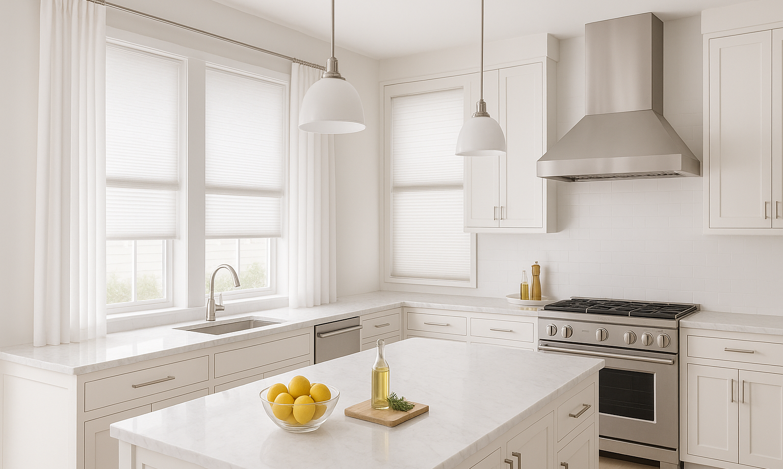 Modern white kitchen curtains moisture-resistant wipeable roller shades cordless cellular blinds safe practical window treatments contemporary design