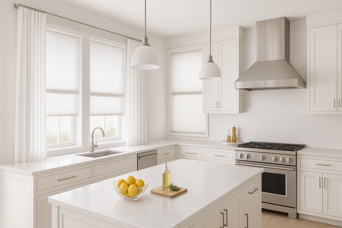 Modern white kitchen curtains moisture-resistant wipeable roller shades cordless cellular blinds safe practical window treatments contemporary design