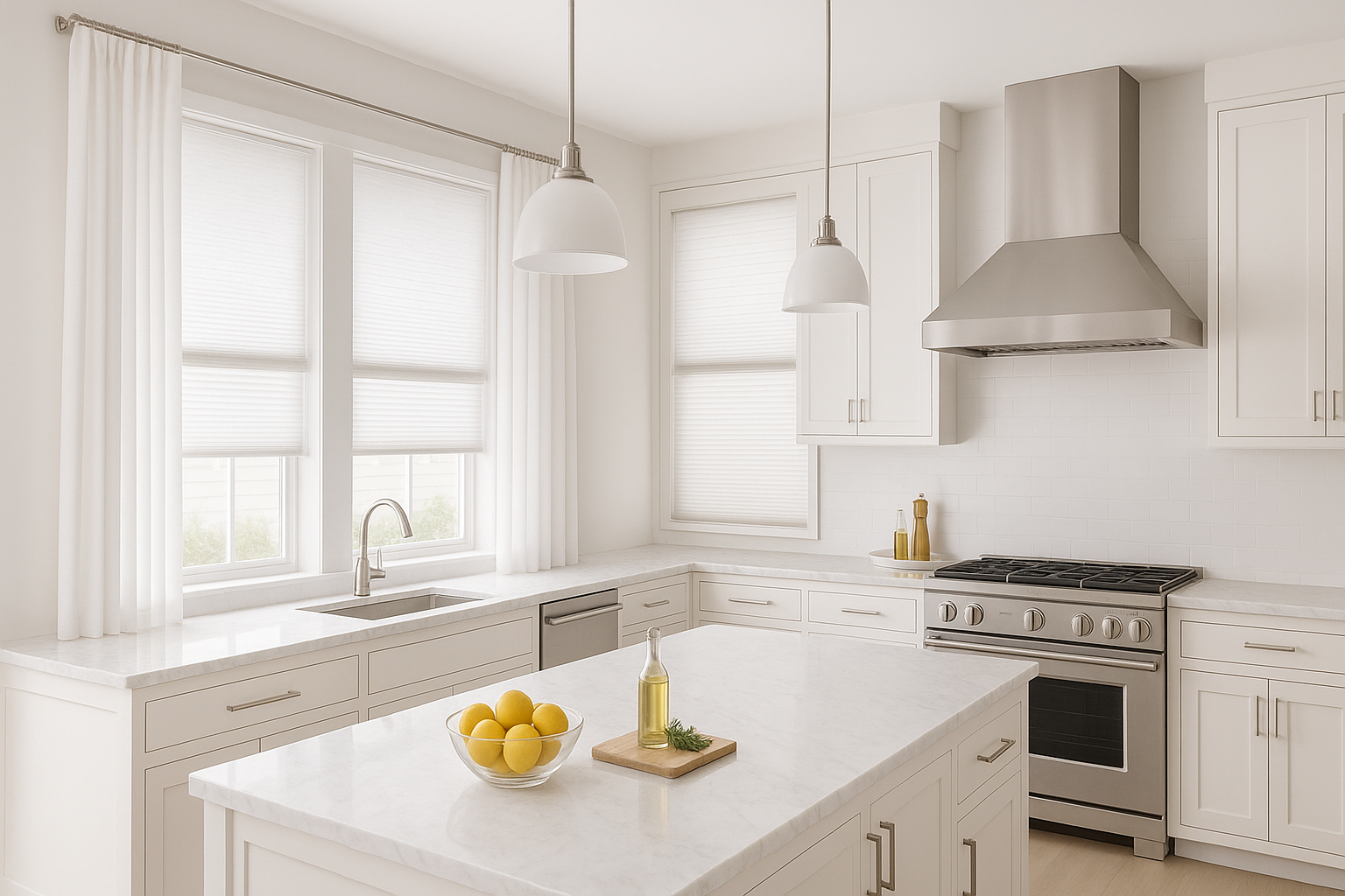 Modern white kitchen curtains moisture-resistant wipeable roller shades cordless cellular blinds safe practical window treatments contemporary design