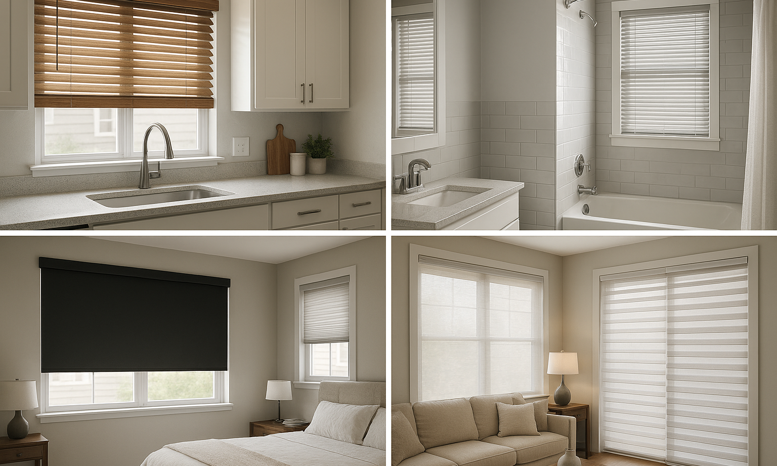 Custom Roman shades installed on bathroom windows create soft light and privacy