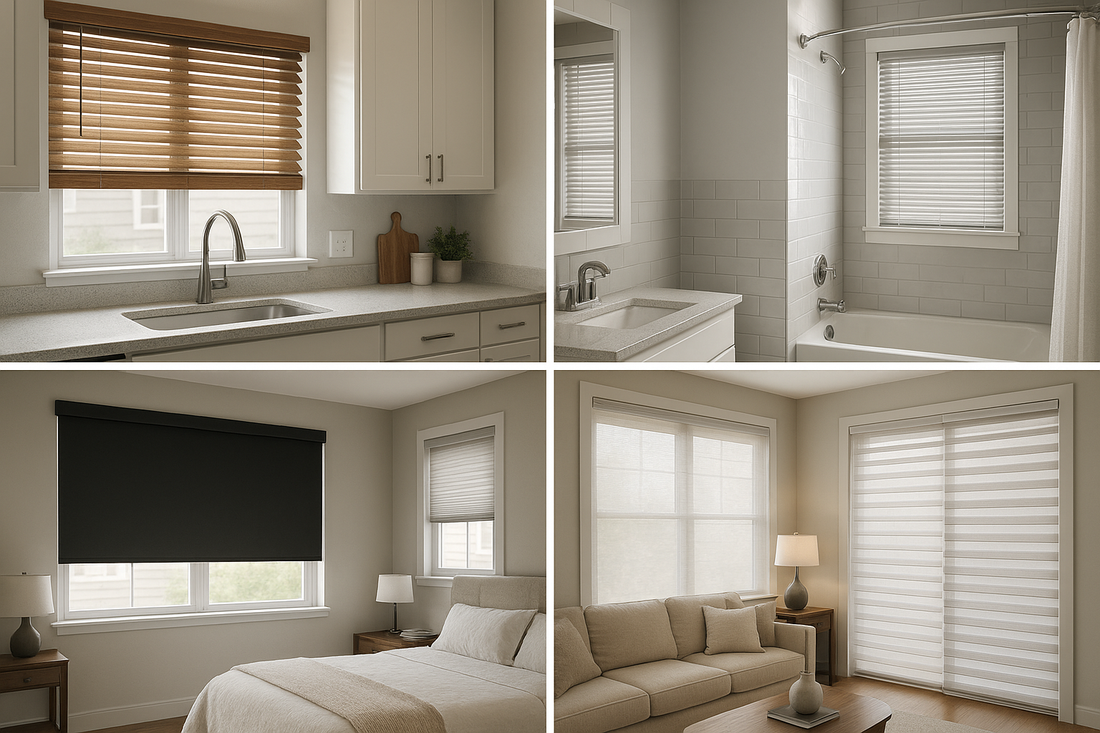 Custom Roman shades installed on bathroom windows create soft light and privacy