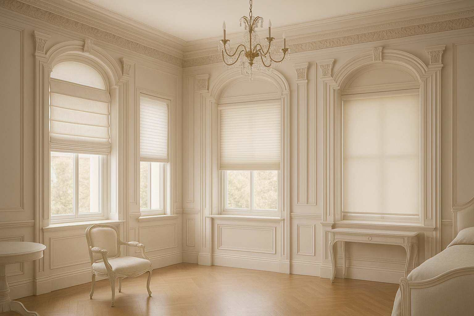 European style white curtains with internal installation in elegant living room