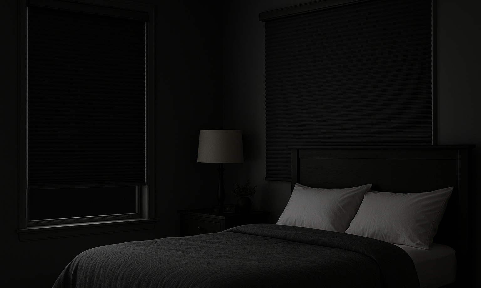 Modern home interior guide showing different types of blinds and shades for each room - faux wood blinds for kitchen and bathroom, blackout roller shades for bedroom, and light-filtering shades for living room - complete window treatment selection guide