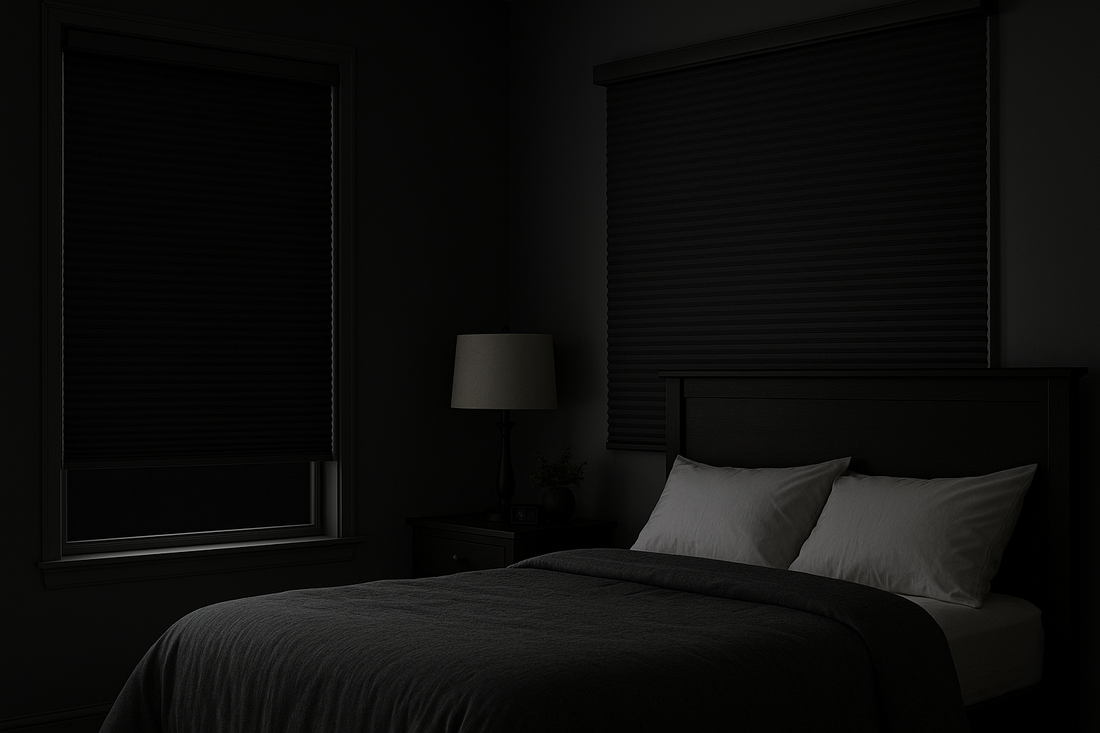 Modern home interior guide showing different types of blinds and shades for each room - faux wood blinds for kitchen and bathroom, blackout roller shades for bedroom, and light-filtering shades for living room - complete window treatment selection guide