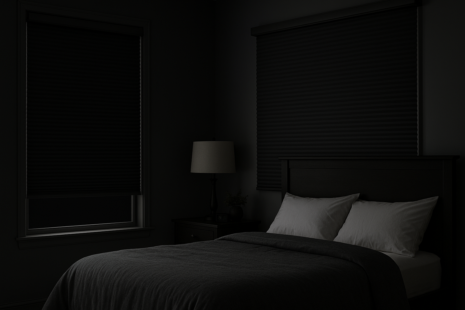 Modern home interior guide showing different types of blinds and shades for each room - faux wood blinds for kitchen and bathroom, blackout roller shades for bedroom, and light-filtering shades for living room - complete window treatment selection guide