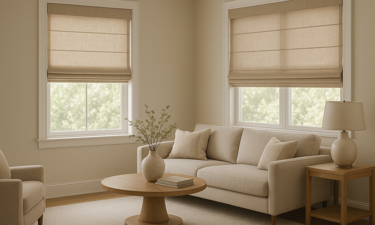 Cordless linen Roman shades installed on modern living room windows create a warm atmosphere with soft diffused light
