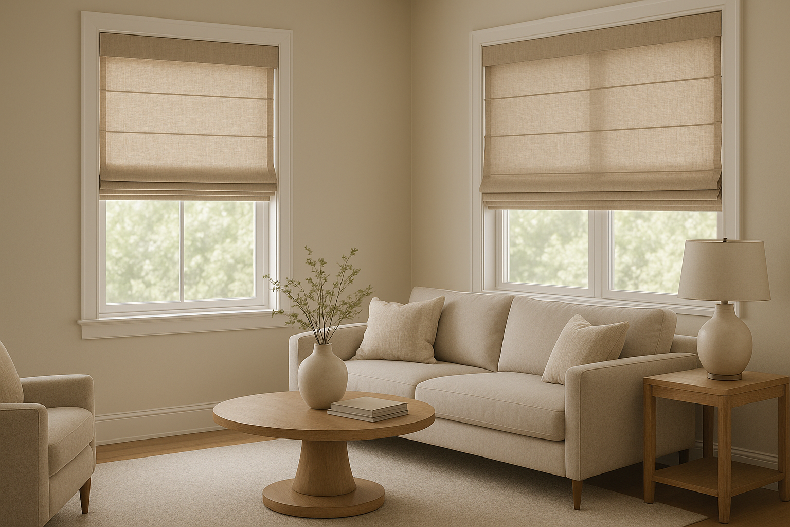 Cordless linen Roman shades installed on modern living room windows create a warm atmosphere with soft diffused light